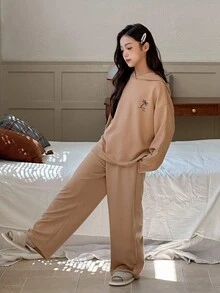 DAZY Tween Girl Coconut Tree Print Hoodie Top And Pants Pajama Set - Army Green - View 5