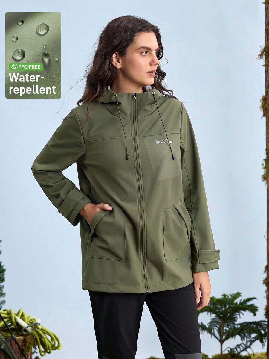 In My Nature Women's Casual Daily Fall Letter Pattern Zipper Front Drawstring Hooded Outdoor Jacket, Waterproof Rain Jacket - Army Green - View 1