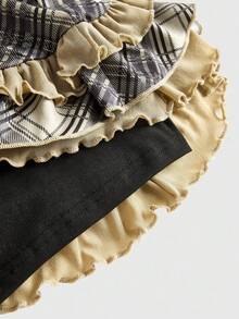 ROMWE Avant 女式复古学院风图案蕾丝拼布不对称迷你裙 - 卡其色 - 查看 4