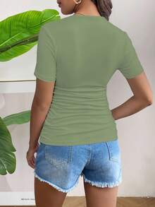 SHEIN Maternity Casual Solid Color Ruched Fitted Short Sleeve T-Shirt, Summer - Mint Green - View 2