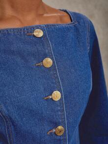 COSMINA Chemisier en denim à manches longues, col carré, simple boutonnage, pour femmes