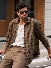 HIMLAND 男士休闲格子插肩下摆弧形下摆衬衫外套，Old Money 秋冬款 - 彩色 - 查看 4