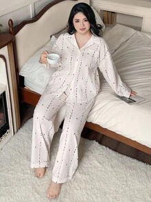 Dazy Plus 不对称印花条纹宽松衬衫和裤子睡衣套装，大码女士休闲家居服，秋季服装 - 白色 - 查看 5