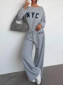 Aloruh 女士宽松舒适百搭露肩纽约字母印花休闲两件套，适合街头、户外和机场穿着 - 灰色 - 查看 3