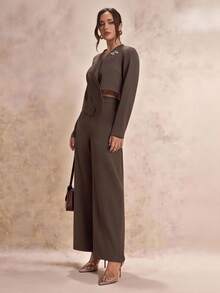 Modelyn Women's Elegant Business Suit, Jacket And Pants Set In Fall/Winter - Brown - View 7