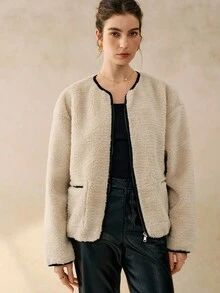 Cévolie 女士秋冬新款百搭圆领宽松羊羔绒抓绒复合皮草外套 - 杏色 - 查看 7