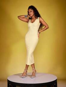 SHEIN Váy suông không tay màu trơn ôm vừa vặn cho nữ, mùa hè - Màu be - Xem 3