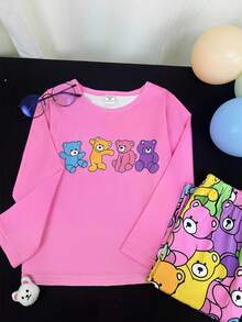 2 件套卡通彩色熊印花圆领长袖和长裤睡衣套装，适合年轻女孩