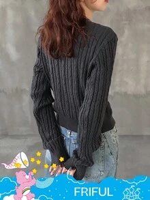 SHEIN X Care Bears FRIFUL Women's Casual Everyday Commute V-Neck Criss-Cross Tie Cartoon Embroidery Cable Knit Sweater