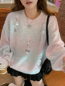 DAZY Damski luźny, swobodny, elegancki sweter w paski z nadrukiem tie-dye, kolorowy, dojazdowy, stylowy, z kryształkami i cekinami, jesień/zima - Miętowy niebieski - Zobacz 4