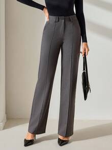 CLARA VERO Women's Solid Seam Detailed Tabby Weave Quality Elegant Suit Pants - Grey - View 6