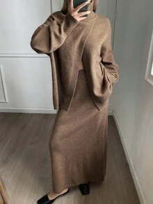 DAZY 女士纯色宽松开衩高领长袖毛衣和 A 字裙休闲两件套，秋冬 - 棕色 - 查看 5
