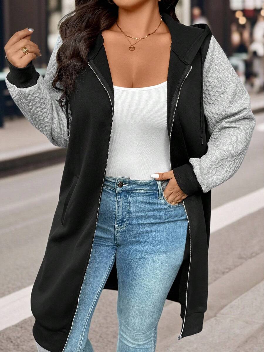 EMERY ROSE Plus Size Women's Hooded Color Blocking Long Jacket, Casual Outerwear Fall Winter Cloth For Women Autumn - Multicolor - View 1