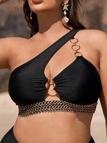 Swim Vcay 大码镂空金属环装饰比基尼上衣夏季 - 黑色 - 查看 6