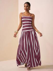 Zivah 2025 Sommer Neuankömmling Musikfestival, Ostern, St. Patrick's Day, Western, Nomadisch, Geburtstagsfest, Abschluss, College Stil, Studentenbekleidung, Alltags Lässig, Allround Vielseitig, Lässig, Kreuzfahrt Reise, Strand, Sonnenbaden, Viral, Streetwear ärmellose schwarz-weiß gestreifte Patchwork A-Linie gestrickt gewebtes Midi Kleid