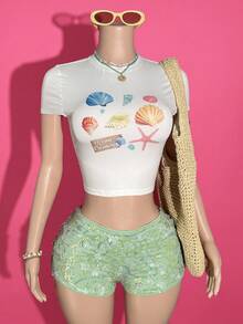 Slaydiva Conjunto coordinado de top corto de punto elástico blanco con estampado de conchas de colores y shorts mini de cintura baja con lentejuelas 3D en azul-verde, estilo casual de fiesta de vacaciones en la playa, festival de música y reunión de hermanas, nueva primavera/verano 2025