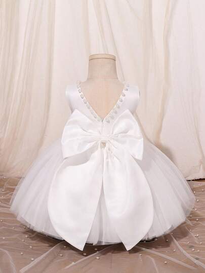 SHEIN Glamorique Kids Vestido de princesa de Navidad para niñas, vestido de fiesta de bola para niña de las flores, concurso de belleza, boda, vestido de tul blanco esponjoso con escote en V con cuentas y gran lazo