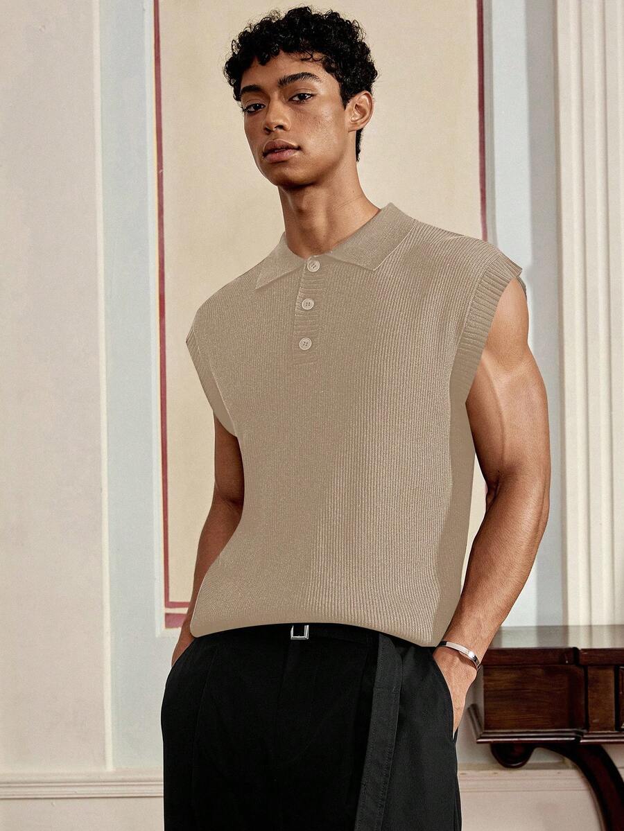 SWAVVY Áo ba lỗ tay ngắn dáng rộng thoải mái dệt kim cho nam, dành cho mùa thu đông - Màu be - Xem 1