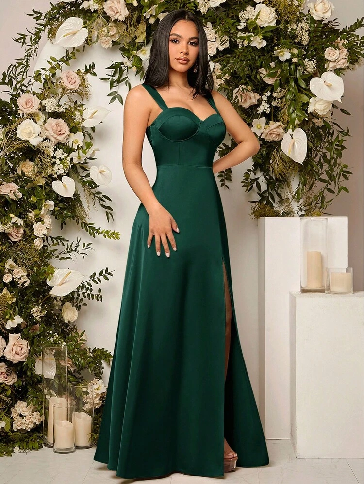 SHEIN Belle Vestido de dama de honor elegante de tirantes finos con abertura lateral y unicolor (adulto) - Verde Oscuro - Añade 7