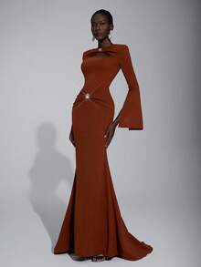 Elitara Váy dạ hội trang trọng đuôi cá thiết kế hở vai, tay loe, xẻ tà, chất liệu kim loại thủ công màu đỏ nâu sang trọng và thanh lịch dành cho nữ - màu nâu - Xem 5