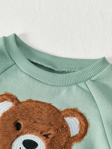 Cozy Pixies 2pcs Baby Boy Cute Bear Embroidered Crew Neck Sweatshirt And Jogger Pants Set - Green - View 5