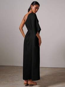 女士优雅金属扣不对称连衣裙 - 黑色 - 查看 2