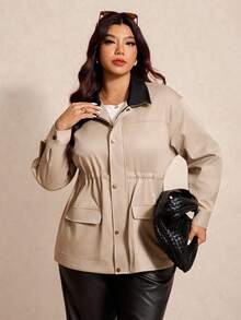 Elaquor Áo khoác Parka cổ điển thường ngày cỡ lớn có thắt eo và màu tương phản dành cho nữ, mùa thu/đông - Màu Khaki - Xem 5