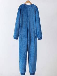 Snug Zone Men's Funny Monster Expression Fleece Blue Furry Long Sleeve Zipper Front Jumpsuit, Cute Graphic Design, Ideal For Fathers To Match With Kids In Winter For Playful Interaction, Fall Winter Funny Fluffy Pajamas, Cozy - Blue - View 2