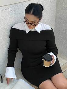 Dazy Plus Đầm len ngắn màu đen ôm sát, co giãn, gợi cảm, cỡ lớn dành cho nữ, mùa thu/đông - màu đen - Xem 4