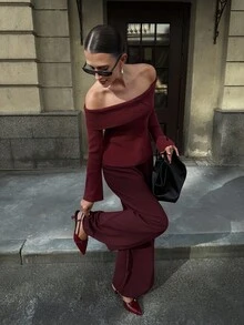 Ontre 女款四季安哥拉红高端老款西裤口袋简约宽松日常长裤休闲通勤商务裤 - 紅木色 - 查看 8