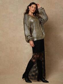 Freevana Plus Size Fall Winter Christmas Party Chic Casual Office Fairycore Alt Sweater, Going Out Y2K Old Money Style Rave Halloween Western Birthday Boho Chic Airport Vintage Foil Sweater Golden