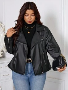 SHEIN Clasi Giacca da motociclista in ecopelle con zip e colletto, taglia comoda, per donne, colore tinta unita, manica lunga