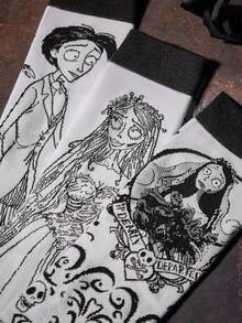 Corpse Bride X SHEIN 2 双情侣款柔软透气吸湿排汗休闲中筒袜时尚黑白中筒袜加固脚趾和脚跟，经久耐用男女通用四季百搭夏冬万圣节 - 彩色 - 查看 3