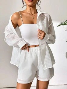 Chiquease 女士白色衬衫和短裤两件套，休闲海滩度假装，夏季 - 白色 - 查看 4