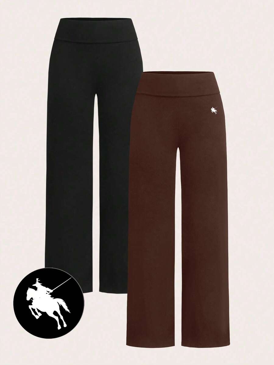 SHEIN EZwear 2 件套女士休闲简约高腰喇叭腿直筒裤,带小马图案,适合夏季 - 彩色 - 查看 1