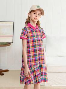 Joliand Joliand 1pc Tween Girls Pink And Yellow Plaid Dress,Summer Cute Preppy Style Polo Collar Short Sleeve Shirt Dress For Back-To-School,Daily Wear & Party School - Multicolor - View 5