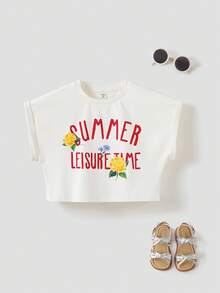 Joliand Joliand 1pc Tween Girls Elegant Urban Cute Floral & Text Graphic Short Sleeve Casual T-Shirt, Suitable For Casual Everyday, Outings, Gatherings, Parties And Summers - White - View 2