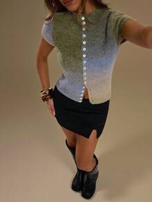 SHEIN BAE 女士单排纽扣渐变色短靴和休闲常规针织上衣 - 灰色 - 查看 6