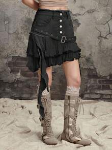 ROMWE Grunge Punk Y2K 破洞设计荷叶边拼接女式牛仔迷你裙 - 黑色 - 查看 5