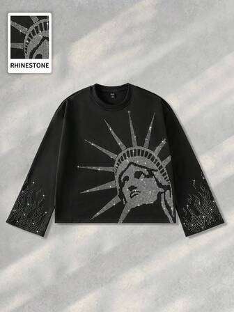 Street Life Camiseta de manga larga holgada con estampado de diamantes brillantes y corte gótico para hombre, para el otoño