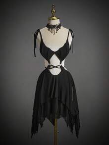 SHEIN ICON 女式性感万圣节吸血蝙蝠不对称下摆系带迷你连衣裙 - 黑色 - 查看 6