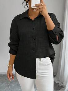 Elenzga Plus Size Autumn Casual Contrast Lace Hollow Back Shirt