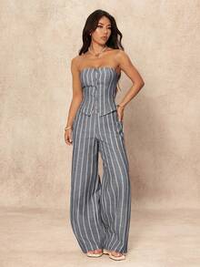 SHEIN PETITE 2pcs Women's Minimalist Striped Tube Top And Wide Leg Pants Set, Commuter Style, Summer - Dark Grey - View 4