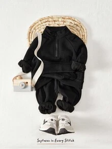 Cozy Pixies Áo nỉ tay raglan có khóa kéo nửa cho bé trai và quần nỉ - màu đen - Xem 1