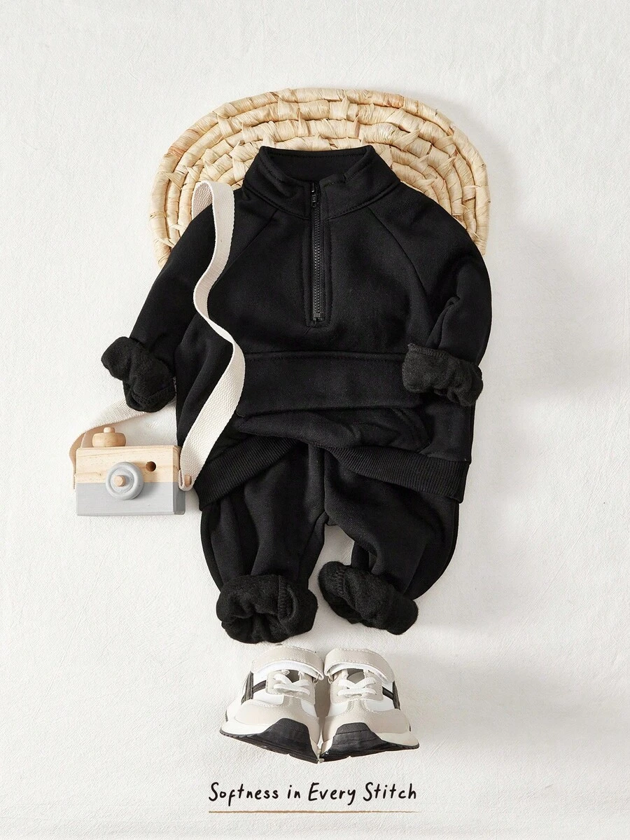 Cozy Pixies Áo nỉ tay raglan có khóa kéo nửa cho bé trai và quần nỉ - màu đen - Xem 1