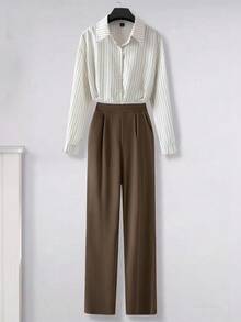 GlowEve Women's Woven Striped Casual Commuting Autumn Two Pieces Set - Coffee Brown - View 7