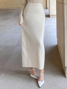 DAZY 女士优雅百搭纯色针织裙，适合通勤 - 米色 - 查看 4