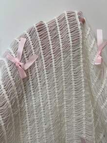 Flirla New Arrival White Hollow-Out Pink Bow Decor Cute Sweet Casual Off-Shoulder Sweater - White - View 8