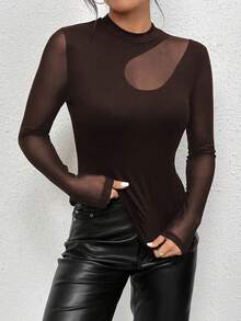 Leighera 时尚通勤纯色网眼拼接修身长袖T恤 - 棕色 - 查看 3