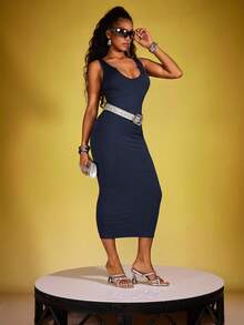 INAWLY Women's Solid Color Sleeveless Bodycon Mini Dress, Versatile Summer Outfit - Navy Blue - View 5